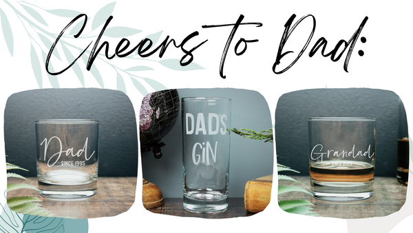 Text reads cheers to dad and has 3 images of personalised engraved tumbler glasses for dad