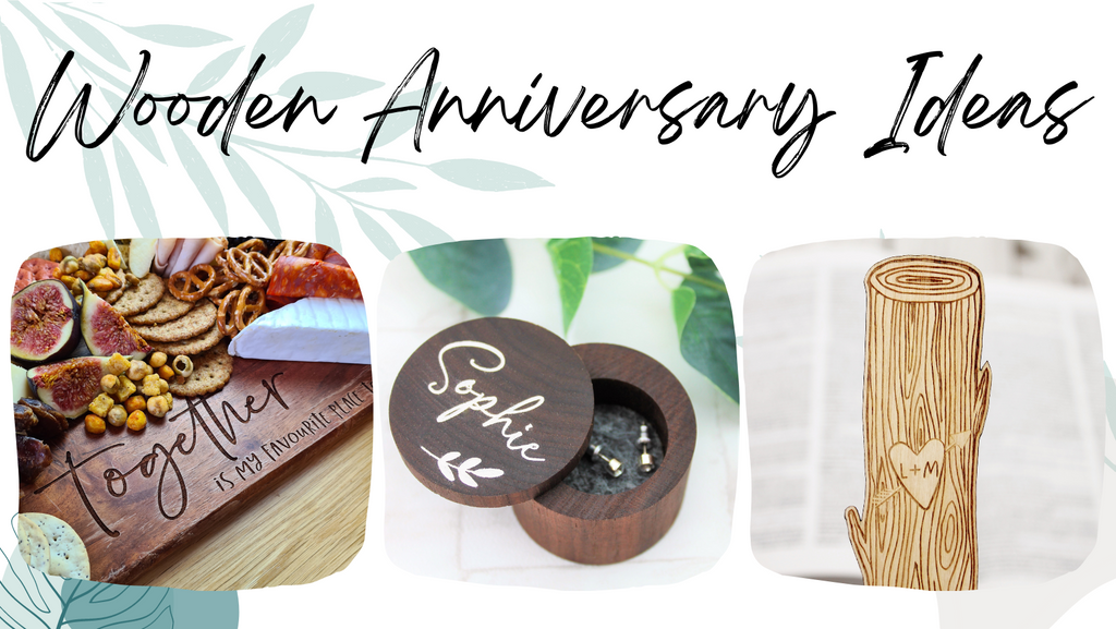 wooden anniversary gift guide banner including images of a tree stump engraved wooden bookmark, a dark wooden chopping board, and a ring box personalised and engraved with a name 