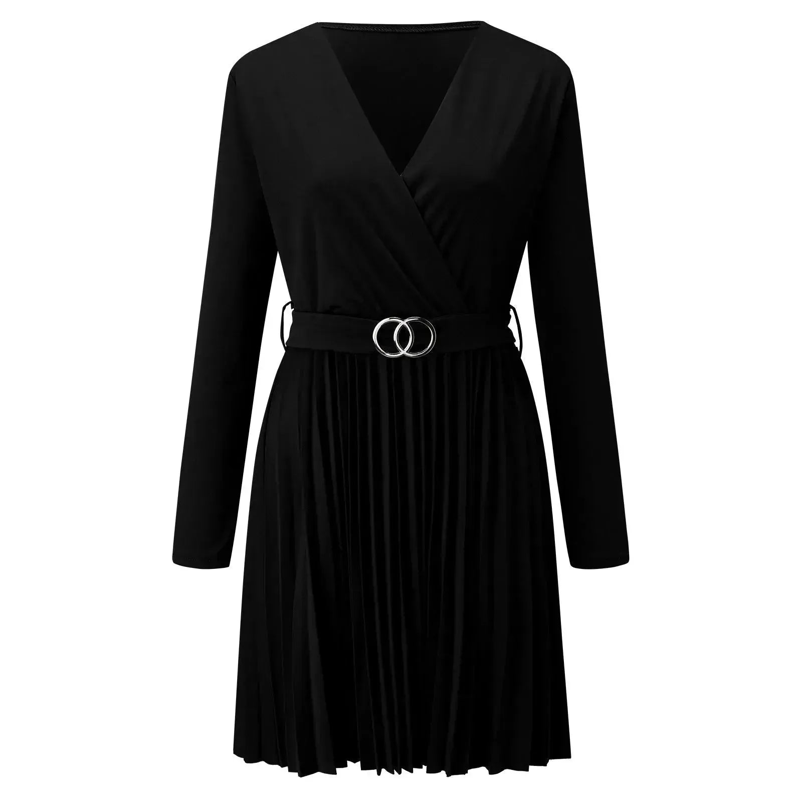 Long Sleeve V-Neck Pleated Solid Dress - Aesthetic Haven