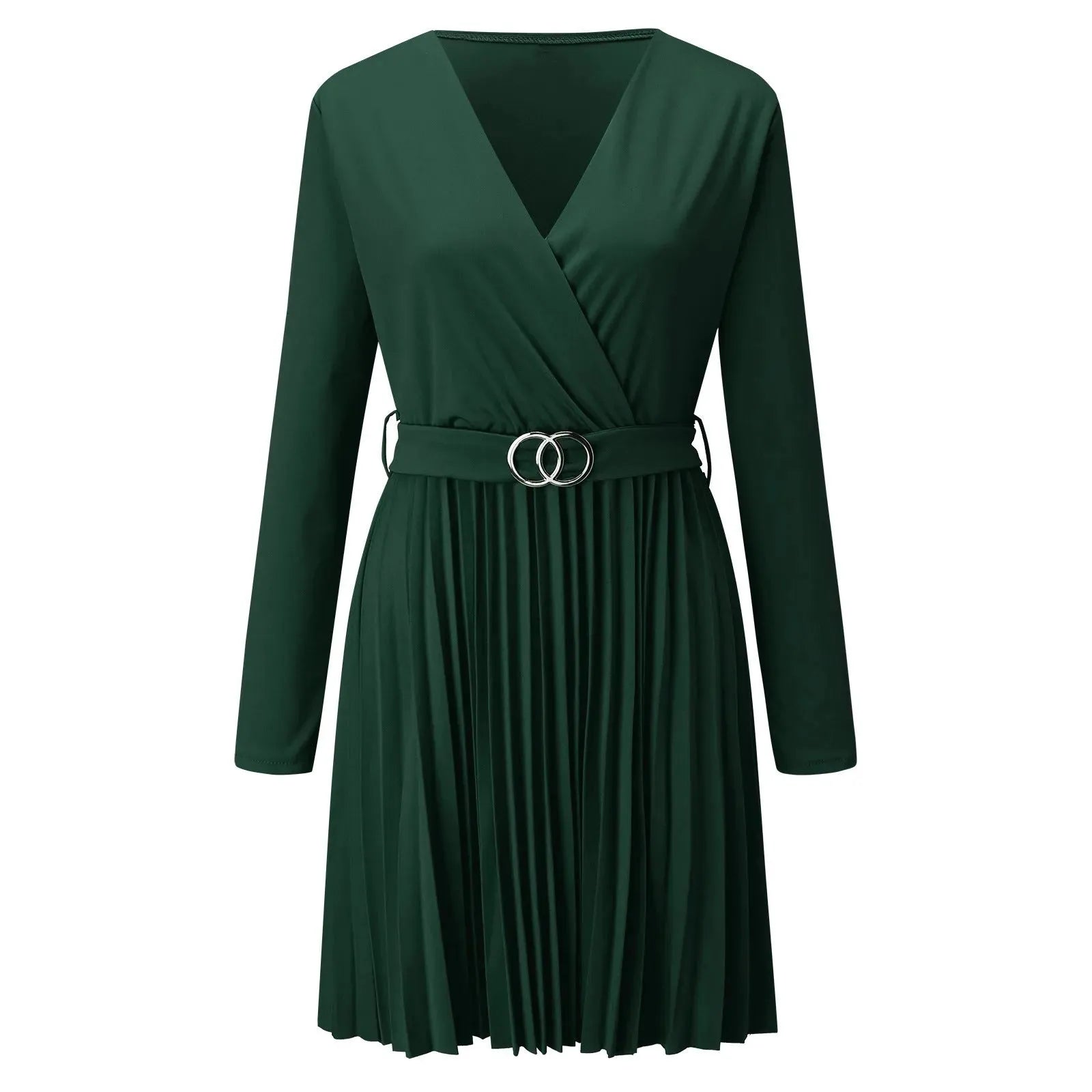 Long Sleeve V-Neck Pleated Solid Dress - Aesthetic Haven