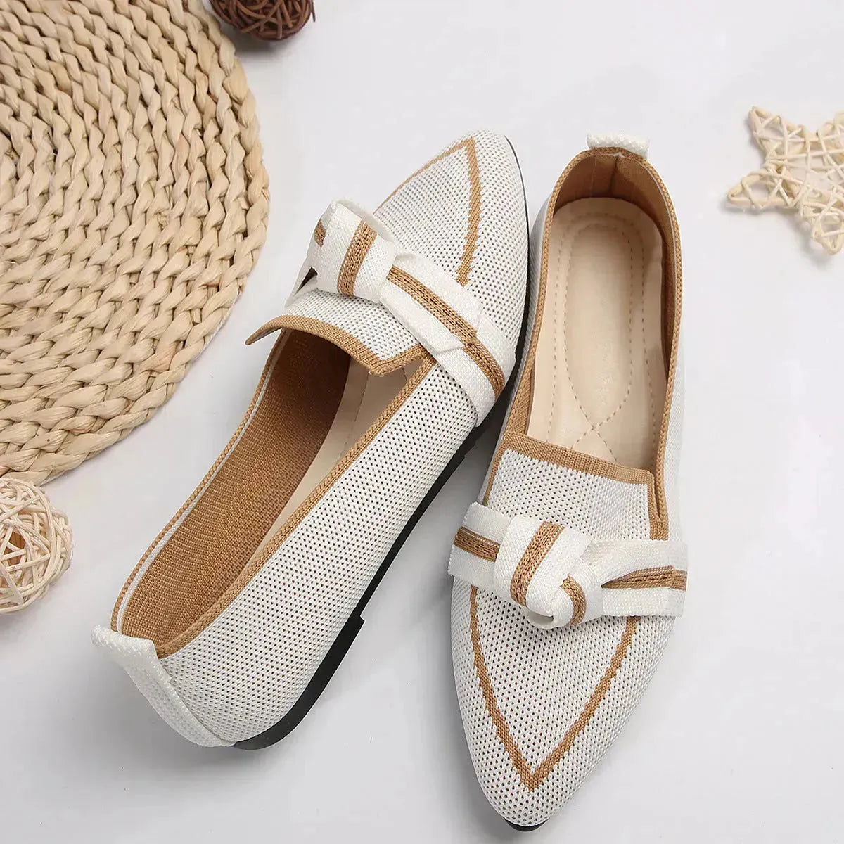 Fashion Pointed Toe Bow Flat Shoes For Women Lying Woven Slip-on Breathable Shoes Summer - Aesthetic Haven