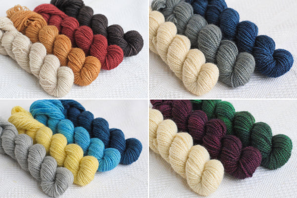 Collage of four photos showing sets of 3 or 4 mini-skeins in hand-dyed colours