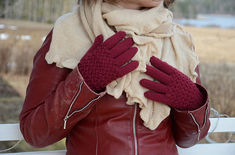 Lanark gloves modeled with an ivory scarf and leather jacket