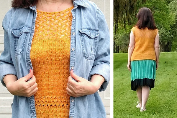 Collage of Orange Song Top showing front detail and back view