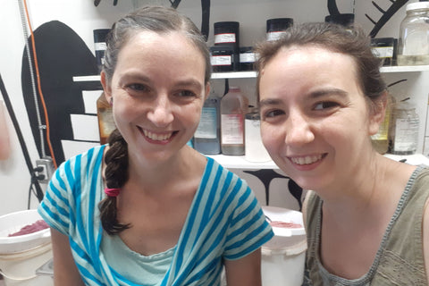 Elizabeth and Debbie take a selfie in the dye studio