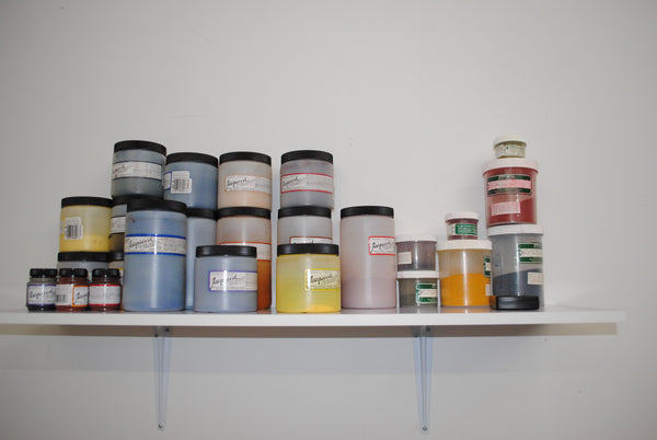 Shelf with many containers of dye powder