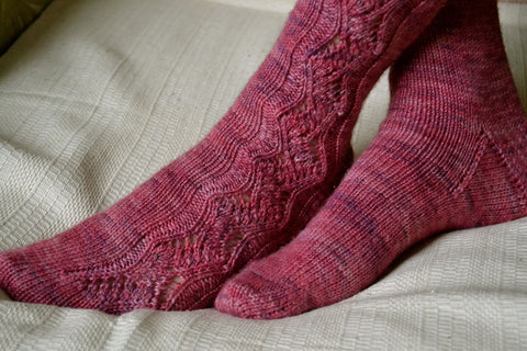 Rose Path knit socks with lace panel running up the side