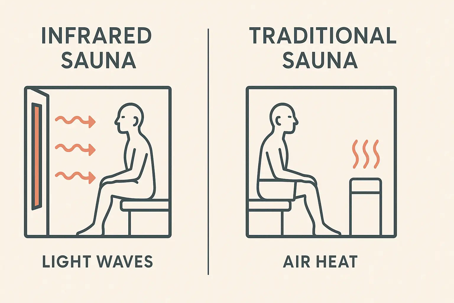 Diagram showing infrared light penetrating human body compared to steam sauna heating air