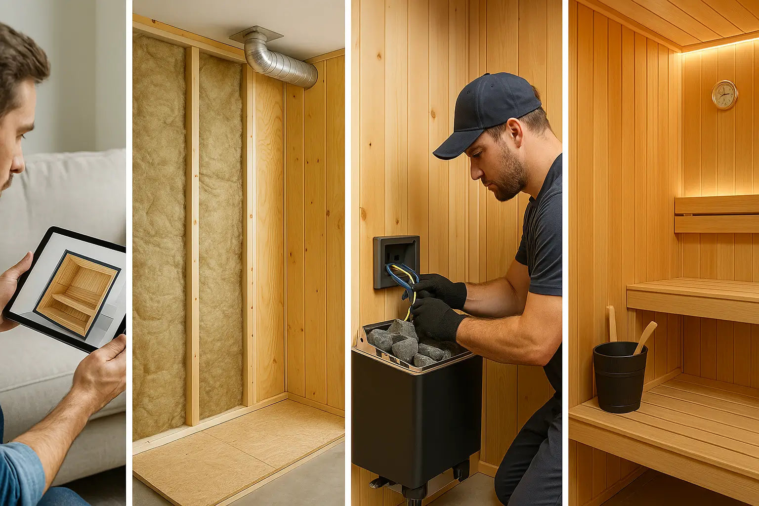 Step-by-step indoor sauna build showing model selection, ventilation, insulation, electric heater install, wood paneling, and sauna accessories.
