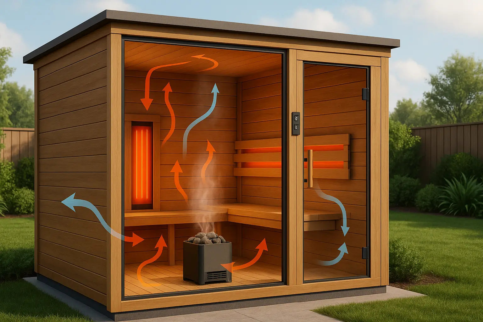 Cutaway view of hybrid sauna showing infrared panels, traditional heater, air circulation, and humidity control.