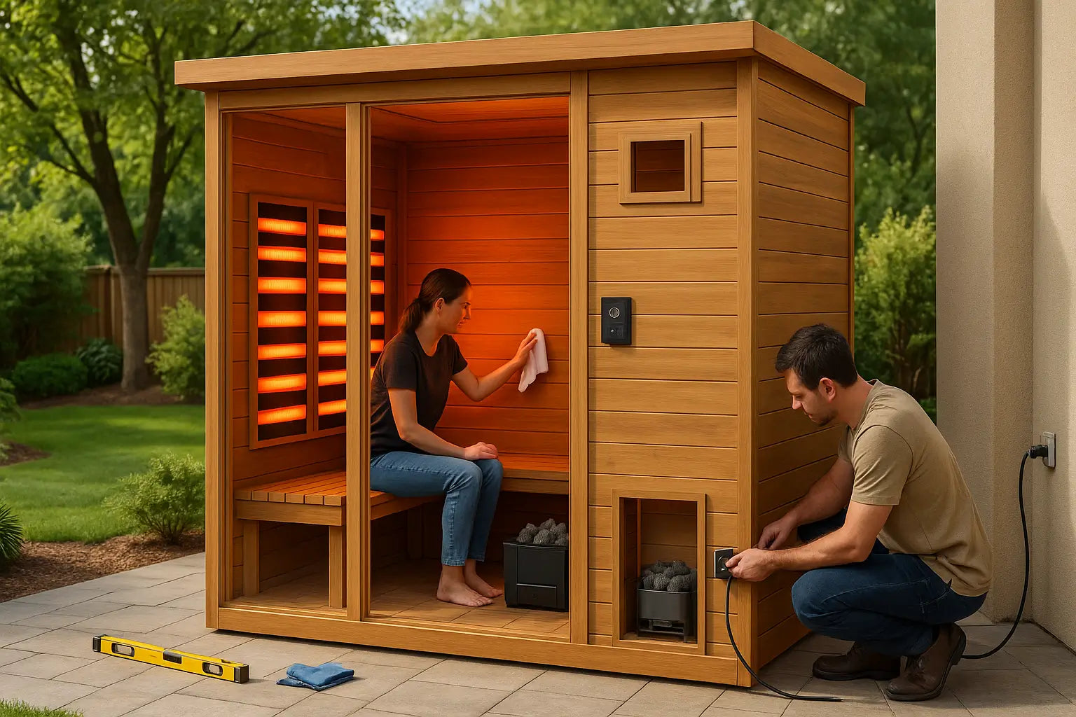 Hybrid sauna installation and maintenance showing electrical setup, cleaning infrared panels, and proper outdoor placement.