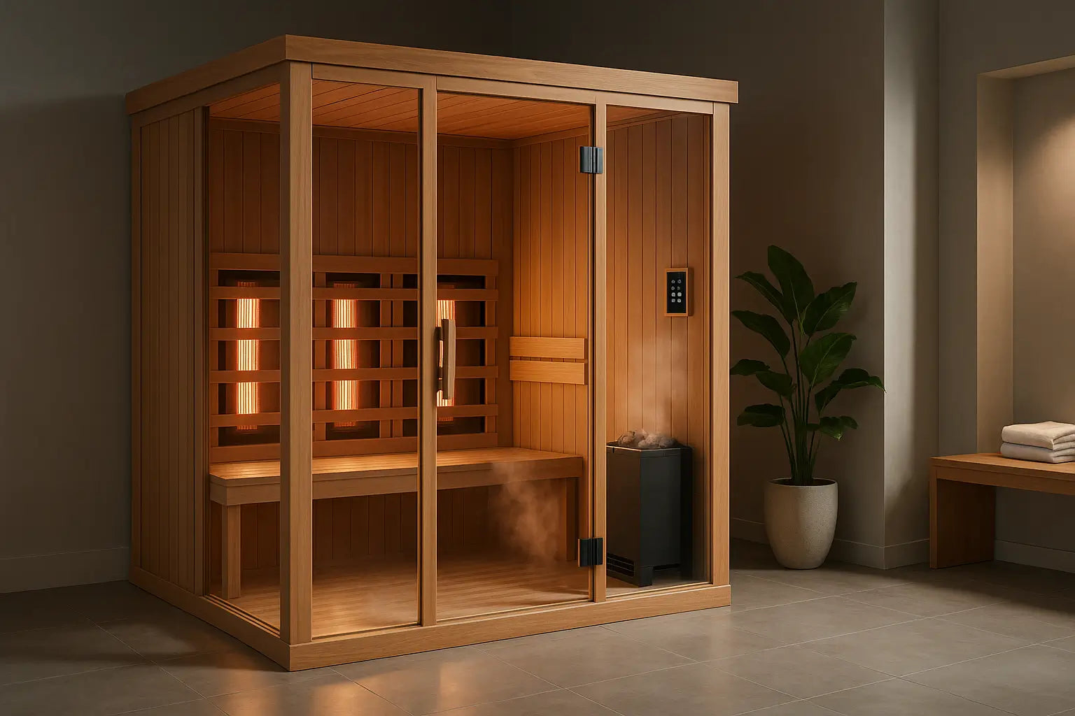 Hybrid sauna combining infrared panels and traditional sauna stones in modern home spa setting.