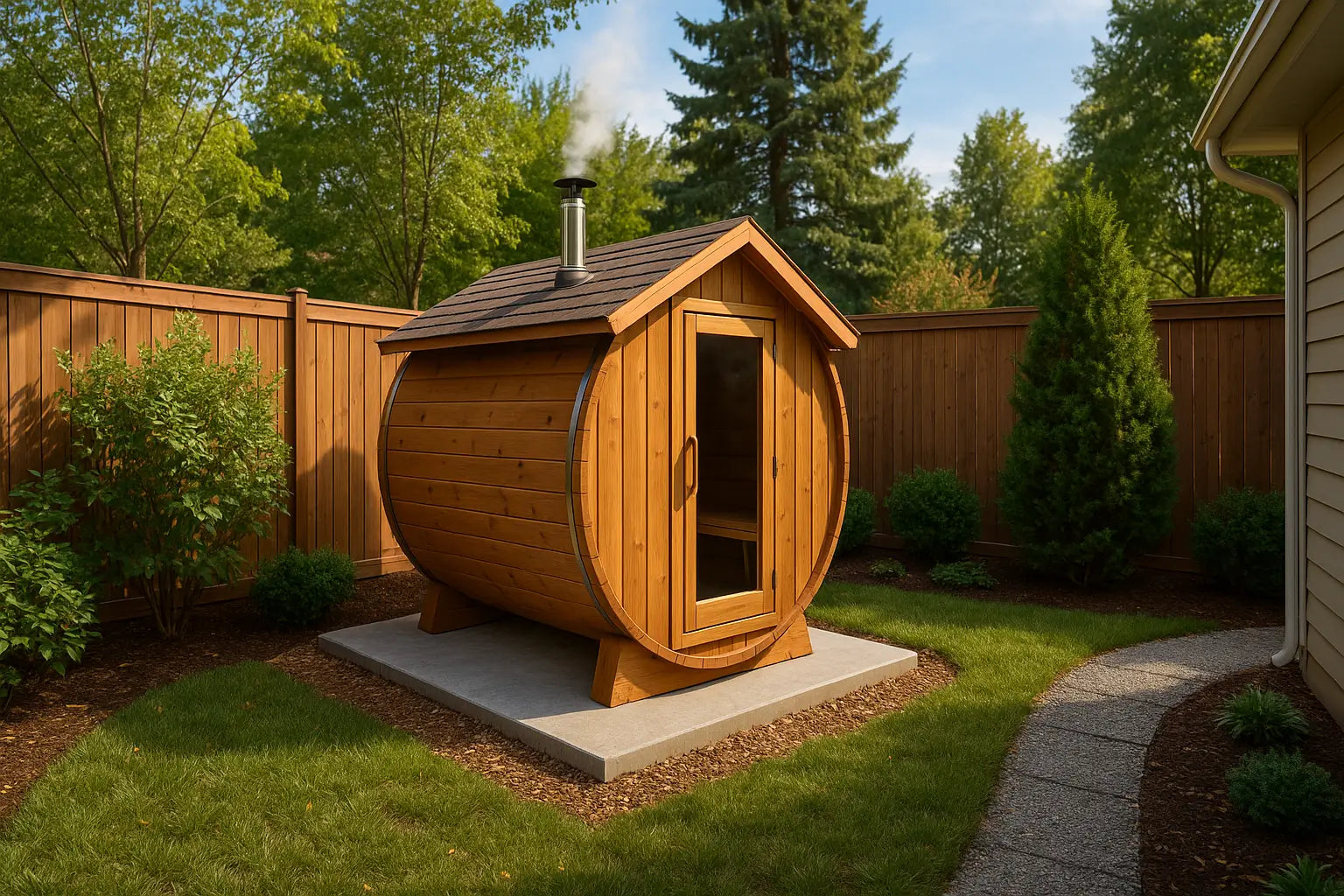 Outdoor sauna placement showing proper clearance, stable foundation, privacy fencing, safe distance from structures, and zoning compliance