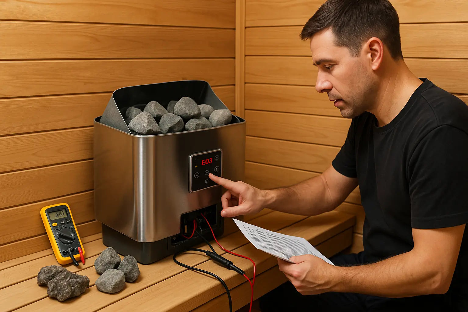 Sauna heater maintenance showing cleaning, stone replacement, electrical safety checks, and troubleshooting inside a cedar sauna.