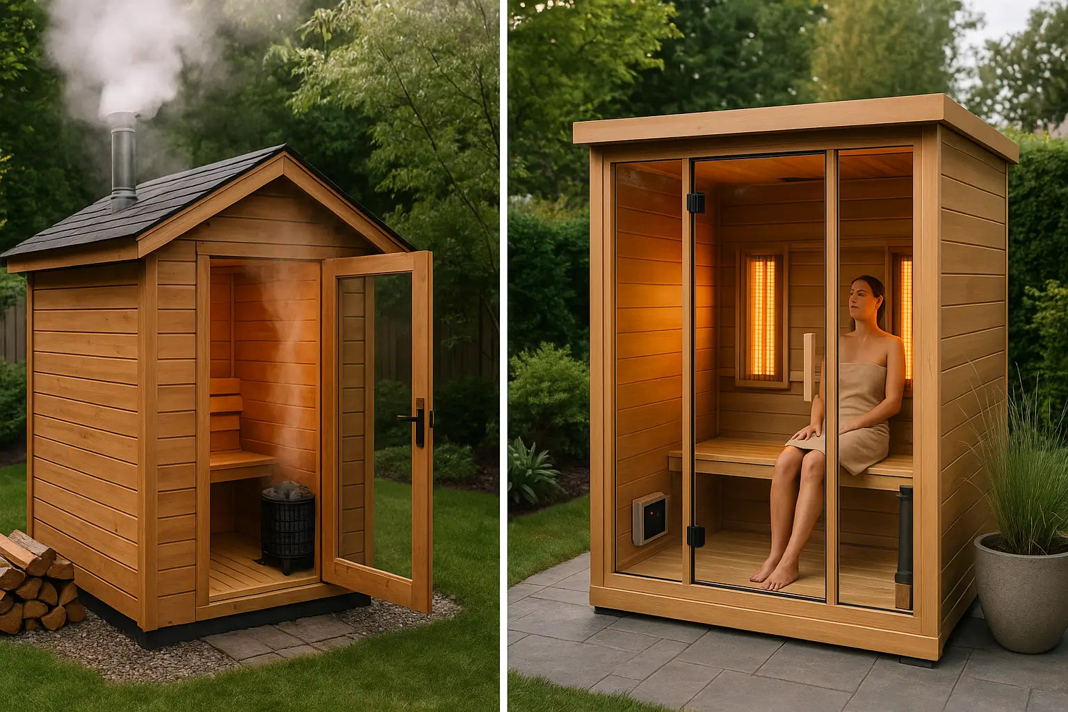 Side-by-side comparison of traditional steam sauna with wood-fired stove and infrared sauna with glowing panels, showcasing different heat and humidity experiences.