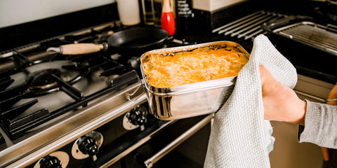 cooking a lasagne in the oven in a stainless steel lunchbox