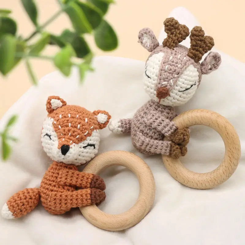 Crochet Fox Elk Rattle for Babies Wooden Packing Teether Over 6 Months