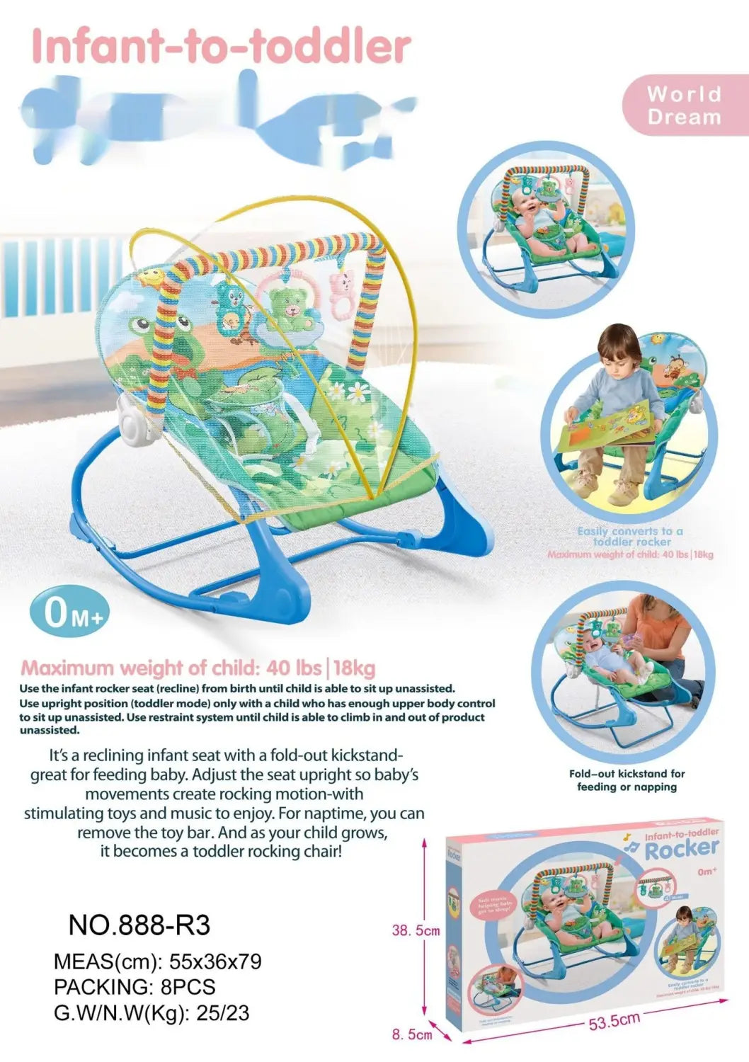 Baby Rocking Chair with Mosquito Net for 36 Months in Green and Powder Colors