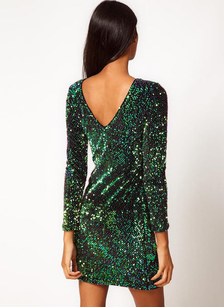 Green Long Sleeve Sparkles Sequined Glitzy Bodycon Dress – Crystalline