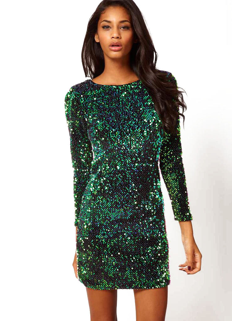 Green Long Sleeve Sparkles Sequined Glitzy Bodycon Dress – Crystalline