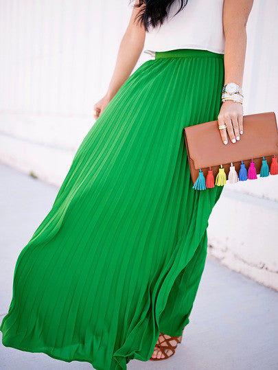 Green High Waist Pleated Maxi Skirt – Crystalline