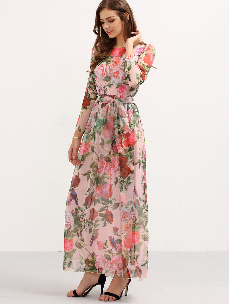 Pink Rose Print Self-Tie Chiffon Maxi Dress – Crystalline