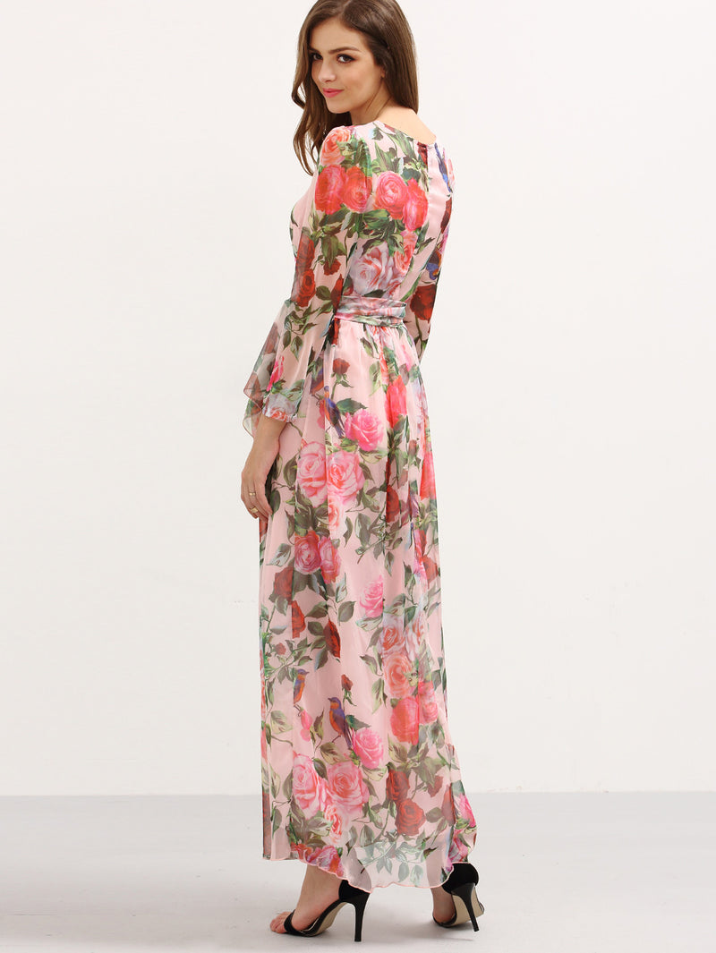 Pink Rose Print Self-Tie Chiffon Maxi Dress – Crystalline