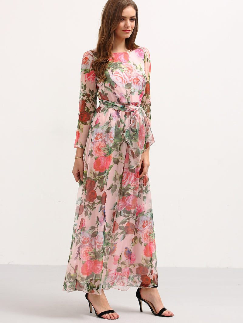 Pink Rose Print Self-Tie Chiffon Maxi Dress – Crystalline
