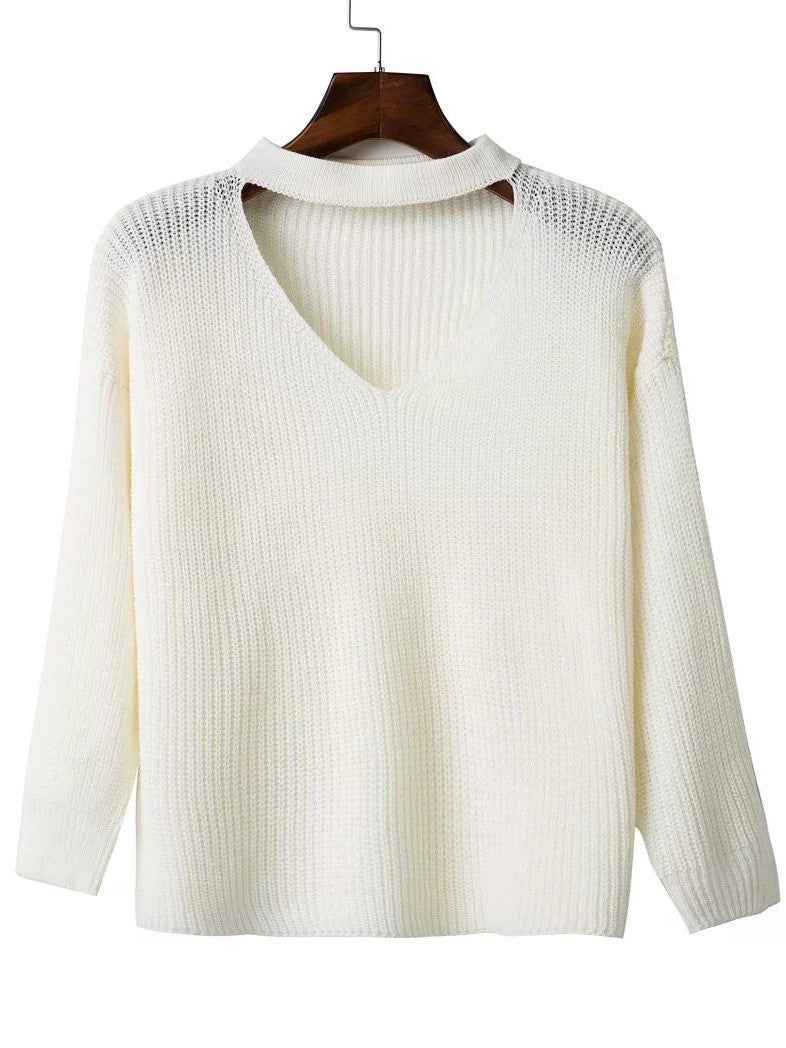 White Choker V Neck Sweater – Crystalline