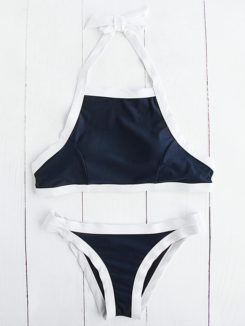 Navy Contrast Trim Halter Bikini Set – Crystalline