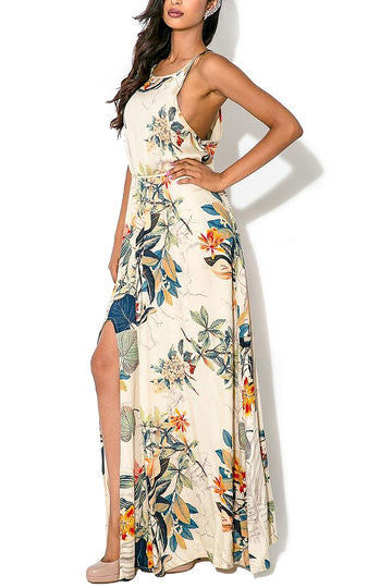 Apricot Floral Leaf Print Cami Maxi Tie Dress – Crystalline