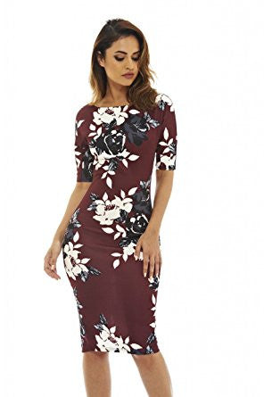 Black 3/4 Sleeve White Black Floral Print Bodycon Midi Dress – Crystalline