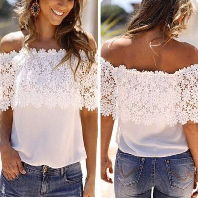 Summer Style Women Sexy Tops Casual Off Shoulder Blouse Chiffon Lace F Crystalline