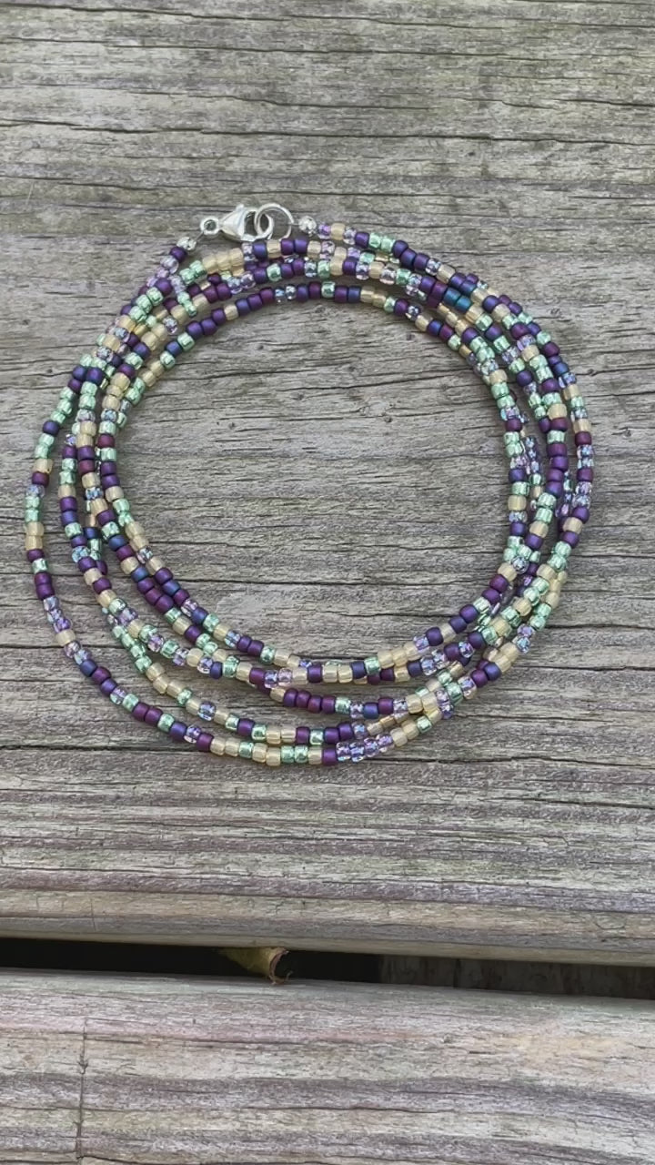 Multi Color Purple Green Gold Seed Bead Necklace, Thin 1.5mm Single Strand 24