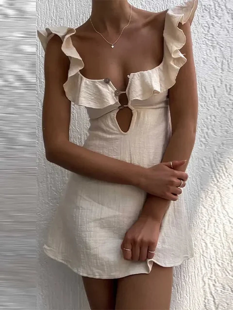 Solid cotton linen mini dress with elegant ruffled square neck.