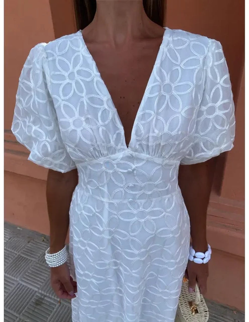 White V-Neck Maxi Dress for Women: Elegant, Loose-Fit, Summer Wear