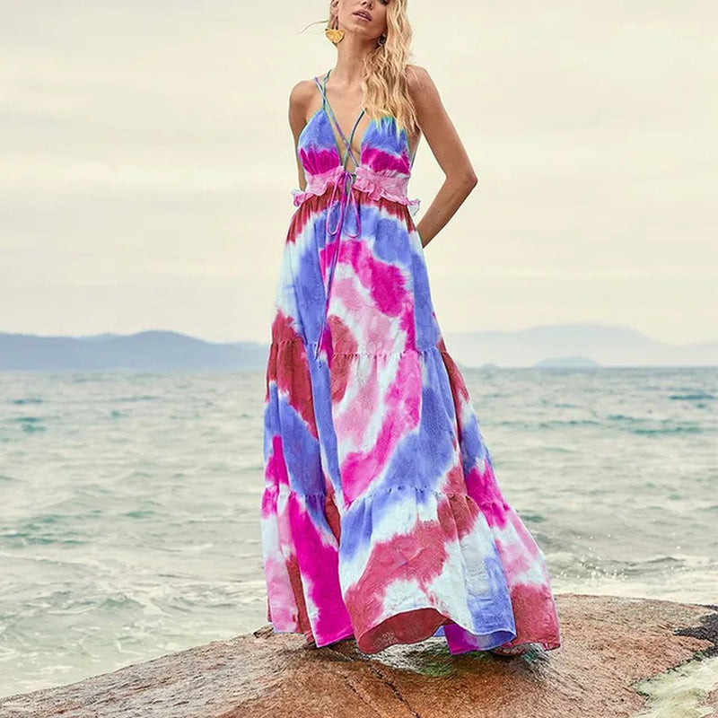 Boho Tie Dye Spaghetti Strap A-Line Beach Dress