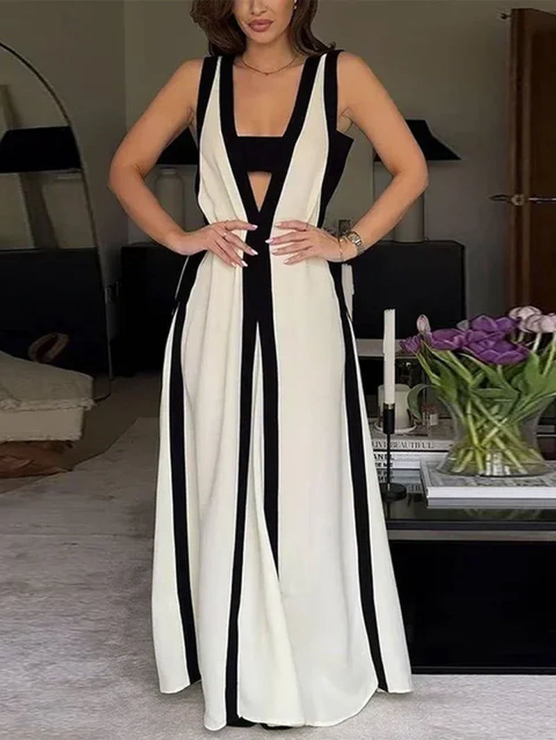 Sexy Sleeveless Contrast Color Maxi Dress for Summer 2024