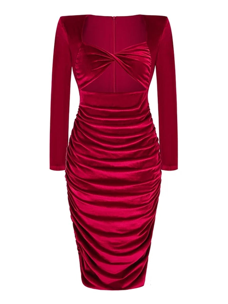 Autumn Sexy Wine Red Velvet V-Neck Bodycon Dress