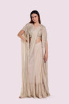 Off White Embellished Drape Saree With Longline Cape