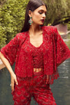 Red Indo Western Short Jacket Set With Flared Pants