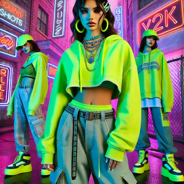 A model wearing a neon green cropped hoodie, low-rise cargo pants, platform sneakers, layered necklaces, large hoop earrings