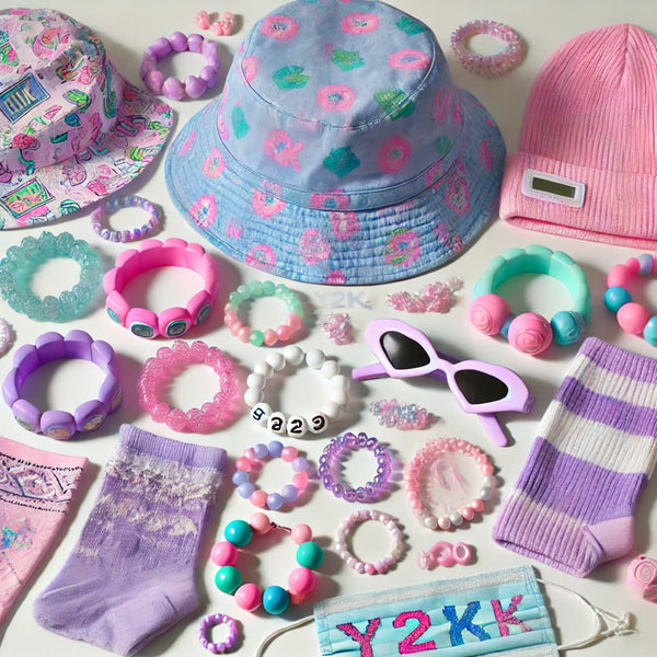 Flat lay of budget-friendly Y2K accessories, including pastel bucket hats, chunky plastic bangles, and colorful bandanas on a light background