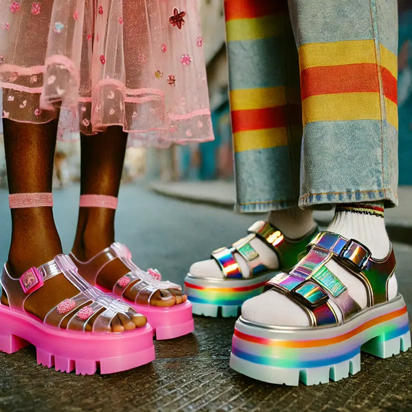 Close-up of neon pink glitter jelly sandals and metallic holographic platform shoes styled casually on an early-2000s-inspired street.