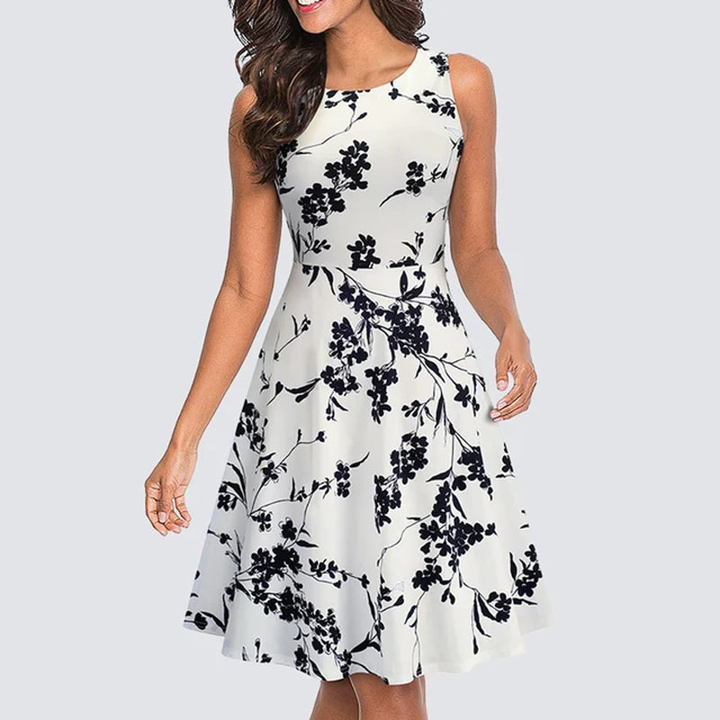 Vintage Print Sleeveless Tunic Swing Party Dress for Women