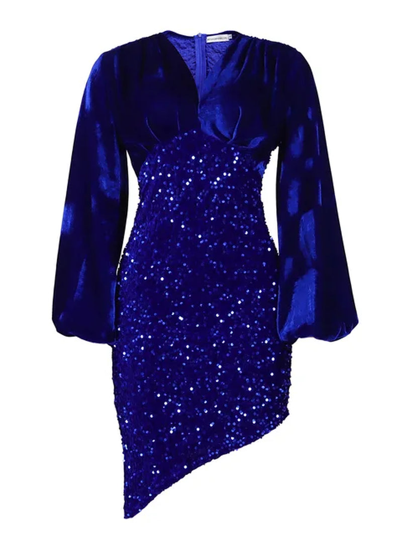 Gold velvet sequin V-neck dress stylish and slim-fitting