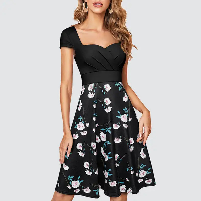 Womens Floral Print Sweetheart Neckline Flowy A-Line Dress