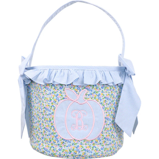 Blue Petite Floral Applique Pumpkin Candy Bucket