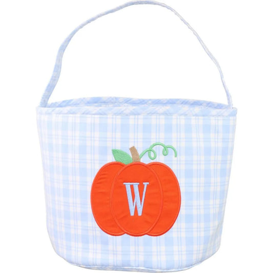 Blue Plaid Applique Pumpkin Candy Bucket