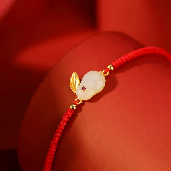 925 Sterling Silver Year of the Rabbit Hetian White Jade Luck Red String Protection Bracelet 3